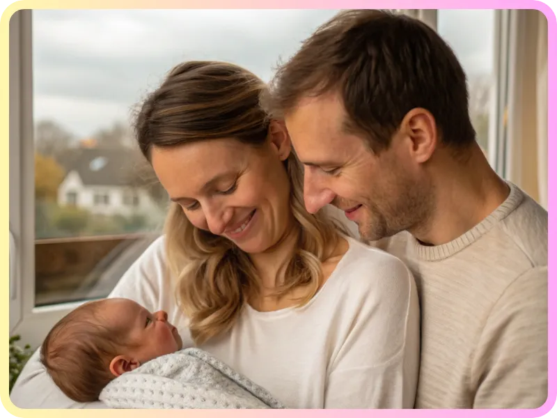 A young couple looking at their child