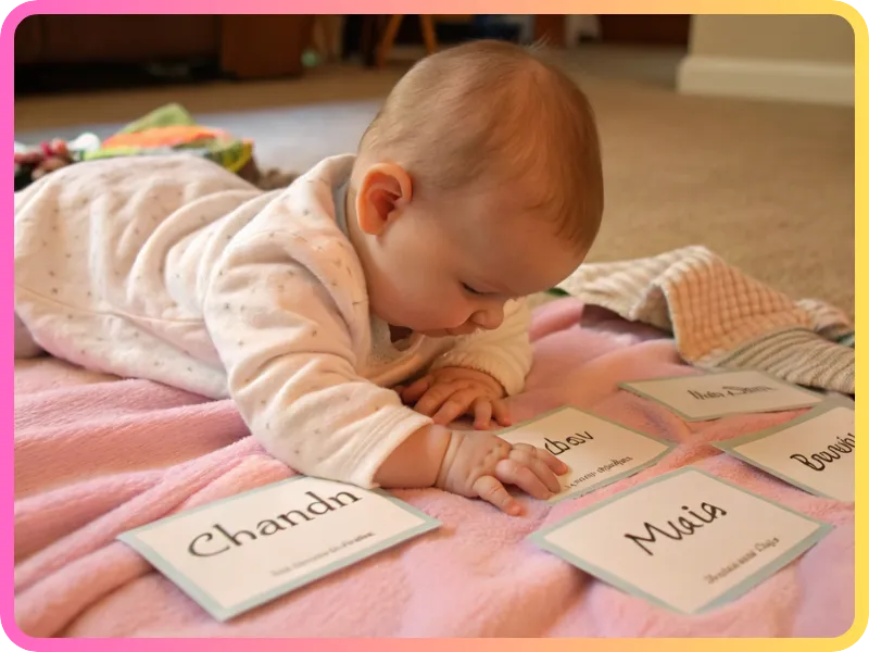 A little baby is picking her own name